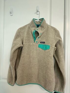 Patagonia Men’s Zip-Neck Fleece in Beige with Teal Trim
